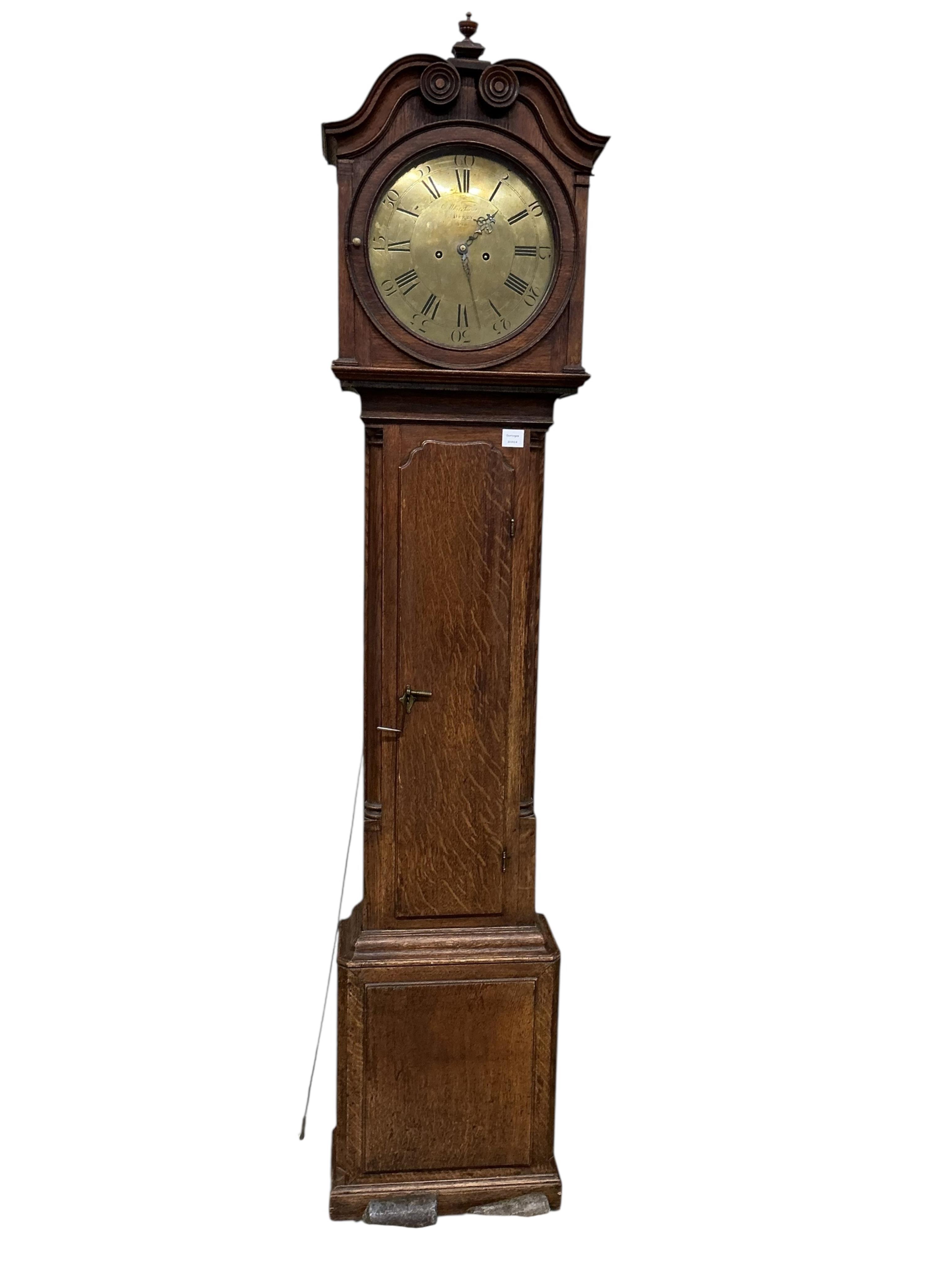 A George III oak eight day longcase clock, the circular brass dial marked Whitehurst, Derby, height 224cm